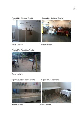 37

Figura 24 – Deposito Creche

Fonte : Autora

Figura 25– Banheiro Creche

Fonte : Autora

Figura 26 – Parquinho Creche

Fonte : Autora

Figura 28Escovódromo Creche

Fonte : Autora

Figura 29 – Enfermaria

Fonte : Autora

 
