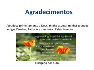 Agradecimentos
Agradeço primeiramente a Deus, minha esposa, minhas grandes
amigas Carolina, Fabiane e meu tutor Fabio Munhoz.
Obrigado por tudo.
 