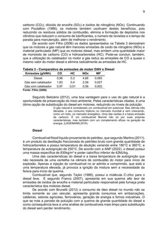 9
carbono (CO2), dióxido de enxofre (SO2) e óxidos de nitrogênio (NOx). Continuando
com Poulallion (1986), os motores também usufruem destes benefícios, pois
reduzindo os resíduos sólidos da combustão, elimina a formação de depósitos nos
cilindros que reduzem o consumo de lubrificantes, o número de revisões e o tempo de
parada para manutenção, além de melhorar o rendimento.
De acordo com Filho (2006) os dados apresentados na Tabela 3 demostram
que os motores a gás natural têm menores emissões de oxido de nitrogênio (NOx) e
material particulado (MP) que os motores diesel, mas emitem uma quantidade maior
de monóxido de carbono (CO) e hidrocarbonetos (HC). Pode-se concluir, também,
que a utilização do catalisador no motor a gás reduz as emissões de CO a quase o
mesmo valor do motor diesel e elimina radicalmente as emissões de HC.
Tabela 3 - Comparativo de emissões de motor GNV e Diesel
Emissões (g/kWh) CO HC NOx MP
Diesel 0,96 0,3 4,66 0,085
Gás sem catalisador 1,83 0,4 2,58 0,027
Gás com catalisador 0,97 0,01 0,58 0,002
Fonte: Filho (2006)
Segundo Belizário (2012), uma boa vantagem para o uso do gás natural é a
oportunidade de preservação do meio ambiente. Pelas características citadas, é uma
ótima opção de substituição do diesel em motores, reduzindo os níveis de poluição.
O gás natural é considerado um combustível em potencial. Nas últimas três
décadas, o seu consumo triplicou no mercado mundial e vem crescendo,
como um todo, no mercado energético. Uma das razões é a baixa emissão
de carbono. É um combustível flexível não só por suas próprias
características, mas também com um complemento eficaz na geração de
energia. (LAGEMANN,2016).
Diesel
Combustível fóssil líquido proveniente do petróleo, que segundo Martins (2011),
é um produto da destilação fraccionada do petróleo bruto com grande quantidade de
hidrocarbonetos e possui temperatura de ebulição variando entre 180°C e 360°C, e
temperatura de autoignição de 250°C. De acordo com a ANP (2022), o diesel possui
uma massa específica de 830kg/m³ e poder calorífico inferior de 42MJ/kg.
Uma das características do diesel e a baixa temperatura de autoignição que
não necessita de uma centelha na câmara de combustão do motor para início de
explosão. Apenas a injeção do combustível no ar admito e comprimido, que está a
uma temperatura elevada, já provoca a ignição da mistura sem a necessidade da
faísca para início de queima.
Combustível que, segundo Taylor (1988), possui a molécula C12H26 para o
diesel leve. E segundo Franco (2007), apresenta em sua queima alto teor de
emissões de óxidos de enxofre e material particulado responsável pela fumaça preta
característica dos motores diesel.
De acordo com Brunetti (2012) o consumo de óleo diesel no mundo não se
limita somente ao uso veicular, apresenta grande consumos em embarcações,
caldeiras, setores agrícolas, ferroviários, geração de energia e fornos industriais. O
que se nota a parcela de poluição com a queima de grande quantidade do diesel e
como consequência leva a uma análise de combustíveis mais limpo para substituição
do diesel sem perder rendimento.
 
