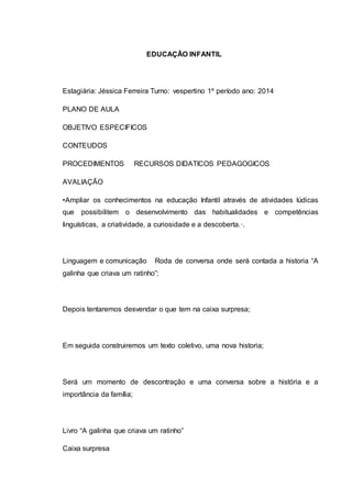 EDUCAÇÃO INFANTIL
Estagiária: Jéssica Ferreira Turno: vespertino 1º período ano: 2014
PLANO DE AULA
OBJETIVO ESPECIFICOS
CONTEUDOS
PROCEDIMENTOS RECURSOS DIDATICOS PEDAGOGICOS
AVALIAÇÃO
•Ampliar os conhecimentos na educação Infantil através de atividades lúdicas
que possibilitem o desenvolvimento das habitualidades e competências
linguísticas, a criatividade, a curiosidade e a descoberta.·.
Linguagem e comunicação Roda de conversa onde será contada a historia “A
galinha que criava um ratinho”;
Depois tentaremos desvendar o que tem na caixa surpresa;
Em seguida construiremos um texto coletivo, uma nova historia;
Será um momento de descontração e uma conversa sobre a história e a
importância da família;
Livro “A galinha que criava um ratinho”
Caixa surpresa
 