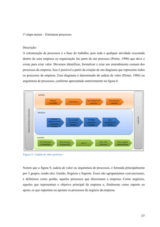  
	
   17	
  
1ª etapa menor – Estruturar processos
Descrição:
A estruturação de processos é a base do trabalho, pois toda e qualquer atividade executada
dentro de uma empresa ou organização faz parte de um processo (Porter, 1990) que deve e
existe para criar valor. Devemos identificar, formalizar e criar um entendimento comum dos
processos da empresa. Isso é possível a partir da criação de um diagrama que represente todos
os processos da empresa. Esse diagrama é denominado de cadeia de valor (Porter, 1986) ou
arquitetura de processos, conforme apresentado anteriormente na figura 6.
Figura 9 - Cadeia de valor genérica
Notem que a figura 9, cadeia de valor ou arquitetura de processos, é formada principalmente
por 3 grupos, sendo eles: Gestão, Negócio e Suporte. Esses são agrupamentos convencionais,
e definimos como gestão, aqueles processos que direcionam a empresa; Como negócios,
aqueles que representam o objetivo principal da empresa e, finalmente como suporte ou
apoio, os que suportam ou apoiam os processos de negócio da empresa.
 