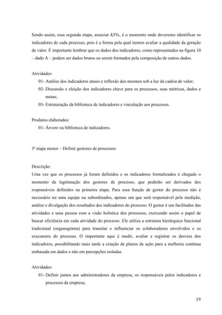  
	
   19	
  
Sendo assim, essa segunda etapa, associar KPIs, é o momento onde deveremo identificar os
indicadores de cada processo, pois é a forma pela qual iremos avaliar a qualidade da geração
de valor. É importante lembrar que os dados dos indicadores, como representados na figura 10
– dado A – podem ser dados brutos ou serem formados pela composição de outros dados.
Atividades:
01- Análise dos indicadores atuais e reflexão dos mesmos sob a luz da cadeia de valor;
02- Discussão e eleição dos indicadores chave para os processos, suas métricas, dados e
metas;
03- Estruturação da biblioteca de indicadores e vinculação aos processos.
Produtos elaborados:
01- Árvore ou biblioteca de indicadores.
3ª etapa menor – Definir gestores de processos:
Descrição:
Uma vez que os processos já foram definidos e os indicadores formalizados é chegado o
momento da legitimação dos gestores de processo, que poderão ser derivados dos
responsáveis definidos na primeira etapa. Para essa função de gestor do processo não é
necessário ter uma equipe ou subordinados, apenas um que será responsável pela medição,
análise e divulgação dos resultados dos indicadores do processo. O gestor é um facilitador das
atividades e uma pessoa com a visão holística dos processos, exercendo assim o papel de
buscar eficiência em cada atividade do processo. Ele utiliza a estrutura hierárquica funcional
tradicional (organograma) para transitar e influenciar os colaboradores envolvidos e os
executores do processo. O importante aqui é medir, avaliar e registrar os desvios dos
indicadores, possibilitando mais tarde a criação de planos de ação para a melhoria contínua
embasada em dados e não em percepções isoladas.
Atividades:
01- Definir juntos aos administradores da empresa, os responsáveis pelos indicadores e
processos da empresa;
 