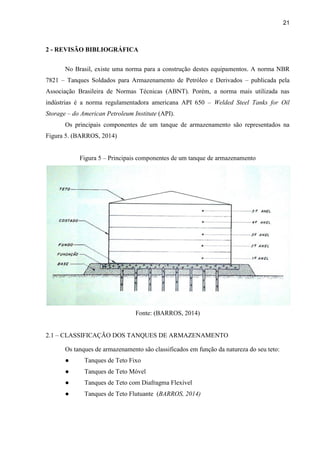 21
2 - REVISÃO BIBLIOGRÁFICA
No Brasil, existe uma norma para a construção destes equipamentos. A norma NBR
7821 – Tanques Soldados para Armazenamento de Petróleo e Derivados – publicada pela
Associação Brasileira de Normas Técnicas (ABNT). Porém, a norma mais utilizada nas
indústrias é a norma regulamentadora americana API 650 – Welded Steel Tanks for Oil
Storage – do American Petroleum Institute (API).
Os principais componentes de um tanque de armazenamento são representados na
Figura 5. (BARROS, 2014)
Figura 5 – Principais componentes de um tanque de armazenamento
Fonte: (BARROS, 2014)
2.1 – CLASSIFICAÇÃO DOS TANQUES DE ARMAZENAMENTO
Os tanques de armazenamento são classificados em função da natureza do seu teto:
● Tanques de Teto Fixo
● Tanques de Teto Móvel
● Tanques de Teto com Diafragma Flexível
● Tanques de Teto Flutuante (BARROS, 2014)
 