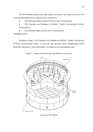 24
Os tetos flutuantes podem ser do tipo externo ou interno a um tanque de teto fixo. Os
externos podem apresentar os seguintes tipos construtivos:
● Teto Flutuante Simples (Single Deck Pan-Type Floating-Roof);
● Teto Flutuante com Flutuador na Periferia - Pontão Convencional (Pontoon
Floating-Roof);
● Teto Flutuante Duplo (Double-Deck Floating-Roof).
(BARROS, 2014)
Escolheu-se então o Teto Flutuante com Flutuador na Periferia - Pontão Convencional
(Pontoon Floating-Roof) (Figura 7), pois este tipo apresenta maior flutuabilidade, menor
perda por evaporação e custo intermediário em relação aos três apresentados aqui.
Figura 7 – Tanque de teto flutuante tipo Pontão Convencional
Fonte: (N-1742, 2010)
 
