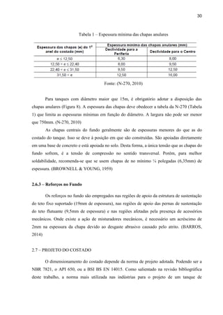 30
Tabela 1 – Espessura mínima das chapas anulares
Fonte: (N-270, 2010)
Para tanques com diâmetro maior que 15m, é obrigatório adotar a disposição das
chapas anulares (Figura 8). A espessura das chapas deve obedecer a tabela da N-270 (Tabela
1) que limita as espessuras mínimas em função do diâmetro. A largura não pode ser menor
que 750mm. (N-270, 2010)
As chapas centrais do fundo geralmente são de espessuras menores do que as do
costado do tanque. Isso se deve à posição em que são construídas. São apoiadas diretamente
em uma base de concreto e está apoiada no solo. Desta forma, a única tensão que as chapas do
fundo sofrem, é a tensão de compressão no sentido transversal. Porém, para melhor
soldabilidade, recomenda-se que se usem chapas de no mínimo ¼ polegadas (6,35mm) de
espessura. (BROWNELL & YOUNG, 1959)
2.6.3 – Reforços no Fundo
Os reforços no fundo são empregados nas regiões de apoio da estrutura de sustentação
do teto fixo suportado (19mm de espessura), nas regiões de apoio das pernas de sustentação
do teto flutuante (9,5mm de espessura) e nas regiões afetadas pela presença de acessórios
mecânicos. Onde existe a ação de misturadores mecânicos, é necessário um acréscimo de
2mm na espessura da chapa devido ao desgaste abrasivo causado pelo atrito. (BARROS,
2014)
2.7 – PROJETO DO COSTADO
O dimensionamento do costado depende da norma de projeto adotada. Podendo ser a
NBR 7821, o API 650, ou a BSI BS EN 14015. Como salientado na revisão bibliográfica
deste trabalho, a norma mais utilizada nas indústrias para o projeto de um tanque de
 