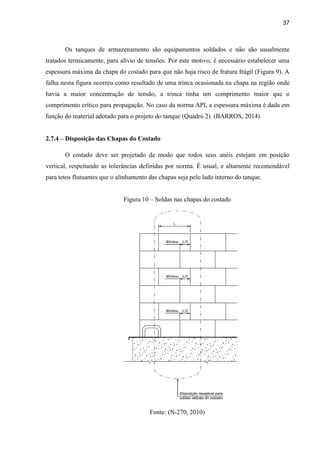37
Os tanques de armazenamento são equipamentos soldados e não são usualmente
tratados termicamente, para alívio de tensões. Por este motivo, é necessário estabelecer uma
espessura máxima da chapa do costado para que não haja risco de fratura frágil (Figura 9). A
falha nesta figura ocorreu como resultado de uma trinca ocasionada na chapa na região onde
havia a maior concentração de tensão, a trinca tinha um comprimento maior que o
comprimento crítico para propagação. No caso da norma API, a espessura máxima é dada em
função do material adotado para o projeto do tanque (Quadro 2). (BARROS, 2014)
2.7.4 – Disposição das Chapas do Costado
O costado deve ser projetado de modo que todos seus anéis estejam em posição
vertical, respeitando as tolerâncias definidas por norma. É usual, e altamente recomendável
para tetos flutuantes que o alinhamento das chapas seja pelo lado interno do tanque.
Figura 10 – Soldas nas chapas do costado
Fonte: (N-270, 2010)
 