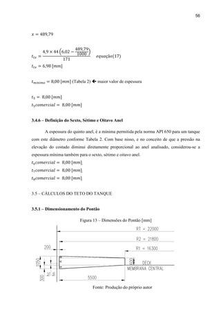 56
(Tabela 2)  maior valor de espessura
3.4.6 – Definição do Sexto, Sétimo e Oitavo Anel
A espessura do quinto anel, é a mínima permitida pela norma API 650 para um tanque
com este diâmetro conforme Tabela 2. Com base nisso, e no conceito de que a pressão na
elevação do costado diminui diretamente proporcional ao anel analisado, considerou-se a
espessura mínima também para o sexto, sétimo e oitavo anel.
;
;
.
3.5 – CÁLCULOS DO TETO DO TANQUE
3.5.1 – Dimensionamento do Pontão
Figura 13 – Dimensões do Pontão [mm]
Fonte: Produção do próprio autor
 