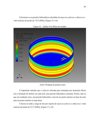 61
Colocaram-se as pressões hidrostáticas calculadas de inputs no software e obteve-se o
valor máximo de tensão de 139,7 [MPa]. (Figura 15 e 16)
Figura 16 – Análise Von Mises do costado
Fonte: Produção do próprio autor
É importante salientar que o software utilizado para simulação por elementos finitos
tem a limitação de atribuir em cada anel, uma pressão hidrostática constante. Porém, sabe-se
que em condições reais, esta pressão hidrostática varia de seu ponto máximo na base do anel,
para seu ponto mínimo no topo deste.
Colocou-se então a carga do teto por suporte de input no software e obteve-se o valor
máximo de tensão de 27,71 [MPa]. (Figura 17 e 18)
 