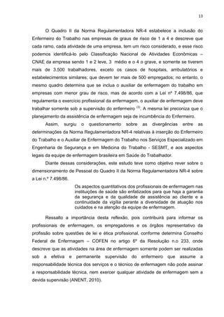 13 
O Quadro II da Norma Regulamentadora NR-4 estabelece a inclusão do 
Enfermeiro do Trabalho nas empresas de graus de risco de 1 a 4 e descreve que 
cada ramo, cada atividade de uma empresa, tem um risco considerado, e esse risco 
podemos identificá-lo pelo Classificação Nacional de Atividades Econômicas – 
CNAE da empresa sendo 1 e 2 leve, 3 médio e o 4 o grave, e somente se tiverem 
mais de 3.500 trabalhadores, exceto os casos de hospitais, ambulatórios e 
estabelecimentos similares; que devem ter mais de 500 empregados; no entanto, o 
mesmo quadro determina que se inclua o auxiliar de enfermagem do trabalho em 
empresas com menor grau de risco, mas de acordo com a Lei nº 7.498/86, que 
regulamenta o exercício profissional da enfermagem, o auxiliar de enfermagem deve 
trabalhar somente sob a supervisão do enfermeiro (3). A mesma lei preconiza que o 
planejamento da assistência de enfermagem seja de incumbência do Enfermeiro. 
Assim, surgiu o questionamento sobre as divergências entre as 
determinações da Norma Regulamentadora NR-4 relativas à inserção do Enfermeiro 
do Trabalho e o Auxiliar de Enfermagem do Trabalho nos Serviços Especializado em 
Engenharia de Segurança e em Medicina do Trabalho - SESMT, e aos aspectos 
legais da equipe de enfermagem brasileira em Saúde do Trabalhador. 
Diante dessas considerações, este estudo teve como objetivo rever sobre o 
dimensionamento de Pessoal do Quadro II da Norma Regulamentadora NR-4 sobre 
a Lei n.º 7.498/86. 
Os aspectos quantitativos dos profissionais de enfermagem nas 
instituições de saúde são enfatizados para que haja a garantia 
da segurança e da qualidade de assistência ao cliente e a 
continuidade da vigília perante a diversidade de atuação nos 
cuidados e na atenção da equipe de enfermagem. 
Ressalto a importância desta reflexão, pois contribuirá para informar os 
profissionais de enfermagem, os empregadores e os órgãos representativo da 
profissão sobre questões de lei e ética profissional, conforme determina Conselho 
Federal de Enfermagem – COFEN no artigo 6º da Resolução n.o 233, onde 
descreve que as atividades na área de enfermagem somente podem ser realizadas 
sob a efetiva e permanente supervisão do enfermeiro que assume a 
responsabilidade técnica dos serviços e o técnico de enfermagem não pode assinar 
a responsabilidade técnica, nem exercer qualquer atividade de enfermagem sem a 
devida supervisão (ANENT, 2010). 
 