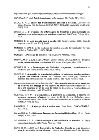 45 
http://www.mte.gov.br/empregador/cbo/procuracbo/conteudo/tabela3.asp?gg=1 
KURCGANT, P. et al. Administração em enfermagem. São Paulo: EPU, 1991. 
LACAZ, F. A. C. Saúde dos trabalhadores: cenários e desafios. Cadernos de 
Saúde Pública. Rio de Janeiro. [online]. 1997. 13(Supl.2) [capturado em 23 mar 
2013]; 7-19. 
LUCAS, A. J. O processo de enfermagem do trabalho: a sistematização da 
assistência de enfermagem em saúde ocupacional. São Paulo: Editora Iátria; 
2004. 
MENDES, E. V. Uma agenda para a saúde. São Paulo: Hucitec; 1996. (Supl.2) 
[capturado em 23 mar 2013]; 21-32.: 
MENDES, R, DIAS E. C. Da medicina do trabalho à saúde do trabalhador. Revista 
da Saúde Pública 1991; 25 (5): 341-49. 
MENDES, R. Patologia do trabalho. Rio de Janeiro: Atheneu, 1995. 
MINAYO, M. C. S. (Org.); DESLANDES, Suely Ferreira; GOMES, Romeu. Pesquisa 
social, teoria método e criatividade: Ed. Vozes, Petrópolis, RJ - 2007. 
MORAES M. V. - Enfermagem do Trabalho: programas, procedimentos e 
técnicas. São Paulo: Editora Iátria; 2007. 190 p. 
NUNES, E. D. A questão da interdisciplinaridade no estudo da saúde coletiva e 
o papel das ciências sociais. In: Canesqui, Ana Maria (org). Dilemas e 
desafios das ciências sociais na saúde coletiva. São Paulo: Hucitec; 1995. 
Organização Internacional do Trabalho (OIT). Recomendación sobre los servicios 
de Medicina del Trabajo en los lugares de empleo (Recomendación no 112 
de la OIT adaptada en 24 de junio de 1959). In: Convenios y recomendaciones 
(1919-66). Genebra, 1966; 1054-1058. 
QUEIROZ, M. I. P. - O pesquisador, o problema da pesquisa, a escolha de 
técnicas: algumas reflexões. In: Lang, A. B. S. G. org. Reflexões sobre 
pesquisa sociológica. São Paulo, Centro de Estudos Rurais e Urbanos (Coleção 
textos; 2ª série, 3). 1992 
RAMAZZINI, B. - A doença dos trabalhadores. São Paulo: FUNDACENTRO; 
2000.180p. 
SALVADOR, A. D. - Métodos e Técnicas de Pesquisa Bibliográfica. 10. ed., Porto 
Alegre, Sulina, 1982 
SELIGMANN – S. E. - Psicopatologia e psicodinâmica do trabalho. in: (org.) 
patologia do trabalho. São Paulo: Atheneu, 1995. 
SILVA, D. M, LUCAS A J. Enfermeiro do Trabalho: Estudo de sua origem e 
atuação na saúde do trabalhador. Universidade Católica de Goiás. Goiânia. 
 