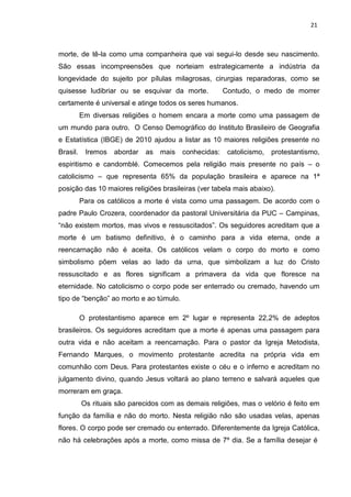 21
morte, de tê-la como uma companheira que vai segui-lo desde seu nascimento.
São essas incompreensões que norteiam estrategicamente a indústria da
longevidade do sujeito por pílulas milagrosas, cirurgias reparadoras, como se
quisesse ludibriar ou se esquivar da morte. Contudo, o medo de morrer
certamente é universal e atinge todos os seres humanos.
Em diversas religiões o homem encara a morte como uma passagem de
um mundo para outro. O Censo Demográfico do Instituto Brasileiro de Geografia
e Estatística (IBGE) de 2010 ajudou a listar as 10 maiores religiões presente no
Brasil. Iremos abordar as mais conhecidas: catolicismo, protestantismo,
espiritismo e candomblé. Comecemos pela religião mais presente no país – o
catolicismo – que representa 65% da população brasileira e aparece na 1ª
posição das 10 maiores religiões brasileiras (ver tabela mais abaixo).
Para os católicos a morte é vista como uma passagem. De acordo com o
padre Paulo Crozera, coordenador da pastoral Universitária da PUC – Campinas,
“não existem mortos, mas vivos e ressuscitados”. Os seguidores acreditam que a
morte é um batismo definitivo, é o caminho para a vida eterna, onde a
reencarnação não é aceita. Os católicos velam o corpo do morto e como
simbolismo põem velas ao lado da urna, que simbolizam a luz do Cristo
ressuscitado e as flores significam a primavera da vida que floresce na
eternidade. No catolicismo o corpo pode ser enterrado ou cremado, havendo um
tipo de “benção” ao morto e ao túmulo.
O protestantismo aparece em 2º lugar e representa 22,2% de adeptos
brasileiros. Os seguidores acreditam que a morte é apenas uma passagem para
outra vida e não aceitam a reencarnação. Para o pastor da Igreja Metodista,
Fernando Marques, o movimento protestante acredita na própria vida em
comunhão com Deus. Para protestantes existe o céu e o inferno e acreditam no
julgamento divino, quando Jesus voltará ao plano terreno e salvará aqueles que
morreram em graça.
Os rituais são parecidos com as demais religiões, mas o velório é feito em
função da família e não do morto. Nesta religião não são usadas velas, apenas
flores. O corpo pode ser cremado ou enterrado. Diferentemente da Igreja Católica,
não há celebrações após a morte, como missa de 7º dia. Se a família desejar é
 