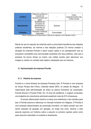 59
Jurídico
Passivos jurídicos e
impacto de
esclarecimentos em
geral
-
Fazer
esclarecimentos nas
mídias sociais
Atendimento
Qualidade do
processo de
atendimento e
demandas do
consumidor
Clientes -
Produtos
Produtos e features
relevantes
Comunidade -
Tabela 4 Aplicações de monitoramento e métricas em negócios. Fonte: Monteiro (2012).
Diante do que foi exposto de antemão sobre a primordial importância das relações
públicas excelentes, da internet e das relações públicas 2.0 iremos analisar a
situação da empresa Previda e assim propor ações e um planejamento que se
enquadre e possibilite uma comunicação excelente com seus públicos, visto que a
empresa há pouco tempo se inseriu nas mídias sociais para alavancar sua
imagem e manter um contato mais rápido e atualizado com os mesmos.
3.1 Apresentação da empresa Previda
3.1.1 História da empresa
Previda é o nome fantasia da empresa Previpaq Ltda. O Previda é uma empresa
do Grupo Parque das Flores, instituída desde 2003, no estado de Alagoas. É
responsável pela administração de todos os planos funerários da corporação:
Previda Bronze e Previda Prata. Em 10 anos de existência, o negócio conquistou
uma trajetória de crescimento admirável assistindo mais de 615 mil pessoas.
O serviço diferenciado imprime à marca uma referência e isto contribui para
que o Previda assuma a liderança no mercado funerário em Alagoas. O Previda é
uma empresa disseminadora da prevenção funerária, um hábito secular que vem
sendo passado de geração em geração, ao longo dos anos. Quanto a este
assunto expomos um histórico sobre o assunto no primeiro capítulo sobre como
esse assunto é abordado no ocidente e atualmente.
 