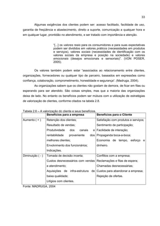 33
Algumas exigências dos clientes podem ser: acesso facilitado, facilidade de uso,
garantia de freqüência e abastecimento, direito a suporte, comunicação a qualquer hora e
em qualquer lugar, prontidão no atendimento, e ser tratado com importância e atenção.
“[...] os valores reais para os consumidores e para suas expectativas
podem ser divididos em valores práticos (necessidades em produtos
e serviços), valores sociais (necessidades de identificação com os
valores sociais da empresa e posição na sociedade) e valores
emocionais (desejos emocionais e sensoriais)”. (VON POSER,
2005).
Os valores também podem estar “associados ao relacionamento entre clientes,
organizações, fornecedores ou qualquer tipo de parceiro, baseados em expressões como
confiança, colaboração, comprometimento, honestidade e segurança“. (Madruga, 2004).
As organizações sabem que os clientes não gostam de demora, de ficar em filas ou
esperando para ser atendido. São coisas simples, mas que a maioria das organizações
deixa de lado. No entanto os benefícios podem ser mútuos com a utilização de estratégias
de valorização de clientes, conforme citados na tabela 2.8.
Tabela 2.6 – A valorização do cliente e seus benefícios.
Benefícios para a empresa Benefícios para o Cliente
Aumento ( + ) Retenção dos clientes;
Resultado de vendas;
Produtividade dos canais e
rentabilidade proveniente dos
melhores clientes;
Envolvimento dos funcionários;
Indicações.
Satisfação com produtos e serviços;
Sentimento de participação;
Facilidade de interação;
Propaganda boca-a-boca;
Economia de tempo, esforço e
dinheiro.
Diminuição ( - ) Tomada de decisão incerta;
Custos desnecessários com vendas
e atendimento;
Aquisições de infra-estrutura de
baixa qualidade;
Litígios com clientes.
Conflitos com a empresa;
Reclamações e filas de espera;
Chamadas desnecessárias;
Custos para abandonar a empresa;
Rejeição de ofertas.
Fonte: MADRUGA, 2004
 