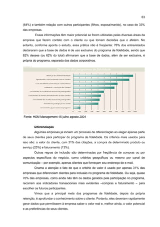 63
(64%) e também relação com outros participantes (filhos, esposa/marido), no caso de 33%
das empresas.
Essas informações têm maior potencial se forem utilizadas pelas diversas áreas da
empresa que fazem contato com o cliente ou que tomam decisões que o afetem. No
entanto, conforme aponta o estudo, essa prática não é freqüente: 76% dos entrevistados
declararam que a base de dados é de uso exclusivo do programa de fidelidade, sendo que
82% desses (ou 62% do total) afirmaram que a base de dados, além de ser exclusiva, é
própria do programa, separada dos dados corporativos.
Fonte: HSM Management 45 julho-agosto 2004
Diferenciação
Algumas empresas já iniciam um processo de diferenciação ao eleger apenas parte
de seus clientes para participar do programa de fidelidade. Os critérios mais usados para
isso são: o valor do cliente, com 31% das citações, a compra de determinado produto ou
serviço (25%) e faturamento (13%).
Outras regras de inclusão são determinadas por freqüência de compras ou por
aspectos específicos do negócio, como critérios geográficos ou mesmo por canal de
comunicação – por exemplo, apenas clientes que forneçam seu endereço de e-mail.
Chama a atenção o fato de que o critério de valor é usado por apenas 31% das
empresas que diferenciam clientes para inclusão no programa de fidelidade. Ou seja, quase
70% das empresas, como ainda não têm os dados gerados pela participação no programa,
recorrem aos indicadores transacionais mais evidentes –compras e faturamento – para
escolher os futuros participantes.
Vimos que a principal meta dos programas de fidelidade, depois da própria
retenção, é aprofundar o conhecimento sobre o cliente. Portanto, eles deveriam rapidamente
gerar dados que permitissem à empresa saber o valor real e, melhor ainda, o valor potencial
e as preferências de seus clientes.
 
