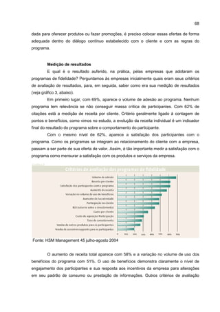 68
dada para oferecer produtos ou fazer promoções, é preciso colocar essas ofertas de forma
adequada dentro do diálogo contínuo estabelecido com o cliente e com as regras do
programa.
Medição de resultados
E qual é o resultado auferido, na prática, pelas empresas que adotaram os
programas de fidelidade? Perguntamos às empresas inicialmente quais eram seus critérios
de avaliação de resultados, para, em seguida, saber como era sua medição de resultados
(veja gráfico 3, abaixo).
Em primeiro lugar, com 69%, aparece o volume de adesão ao programa. Nenhum
programa tem relevância se não conseguir massa crítica de participantes. Com 62% de
citações está a medição de receita por cliente. Critério geralmente ligado à contagem de
pontos e benefícios, como vimos no estudo, a evolução da receita individual é um indicador
final do resultado do programa sobre o comportamento do participante.
Com o mesmo nível de 62%, aparece a satisfação dos participantes com o
programa. Como os programas se integram ao relacionamento do cliente com a empresa,
passam a ser parte de sua oferta de valor. Assim, é tão importante medir a satisfação com o
programa como mensurar a satisfação com os produtos e serviços da empresa.
Fonte: HSM Management 45 julho-agosto 2004
O aumento de receita total aparece com 58% e a variação no volume de uso dos
benefícios do programa com 51%. O uso de benefícios demonstra claramente o nível de
engajamento dos participantes e sua resposta aos incentivos da empresa para alterações
em seu padrão de consumo ou prestação de informações. Outros critérios de avaliação
 