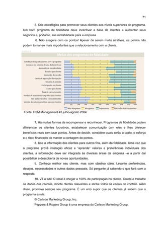 71
5. Crie estratégias para promover seus clientes aos níveis superiores do programa.
Um bom programa de fidelidade deve incentivar a base de clientes a aumentar seus
negócios e, portanto, sua rentabilidade para a empresa.
6. Não exagere com os pontos! Apesar de serem muito atrativos, os pontos não
podem tornar-se mais importantes que o relacionamento com o cliente.
Fonte: HSM Management 45 julho-agosto 2004
7. Há muitas formas de recompensar e reconhecer. Programas de fidelidade podem
diferenciar os clientes lucrativos, estabelecer comunicação com eles e lhes oferecer
benefícios reais sem usar pontos. Antes de decidir, considere quais serão o custo, o esforço
e o risco financeiro de manter a contagem de pontos.
8. Use a informação dos clientes para outros fins, além da fidelidade. Uma vez que
o programa provê interação eficaz e “aprende” valores e preferências individuais dos
clientes, a informação deve ser integrada às diversas áreas da empresa –e a partir daí
possibilitar a descoberta de novas oportunidades.
9. Conheça melhor seu cliente, mas com objetivo claro. Levante preferências,
desejos, necessidades e outros dados pessoais. Só pergunte já sabendo o que fará com a
resposta.
10. Vá à luta! O ideal é chegar a 100% de participação no cliente. Colete e trabalhe
os dados dos clientes, monte ofertas relevantes e alinhe todos os canais de contato. Além
disso, promova sempre seu programa. É um erro supor que os clientes já sabem que o
programa existe.
© Carlson Marketing Group, Inc.
Peppers & Rogers Group é uma empresa do Carlson Marketing Group.
 