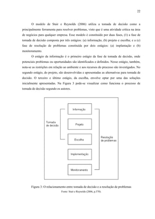 22



       O modelo de Stair e Reynolds (2006) utiliza a tomada de decisão como a
principalmente ferramenta para resolver problemas, visto que é uma atividade crítica na área
de negócios para qualquer empresa. Esse modelo é constituído por duas fases, (1) a fase de
tomada de decisão composta por três estágios: (a) informação, (b) projeto e escolha; e a (c)
fase de resolução de problemas constituída por dois estágios: (a) implantação e (b)
monitoramento.
       O estágio da informação é o primeiro estágio da fase de tomada de decisão, onde
potenciais problemas ou oportunidades são identificados e definidos. Nesse estágio, também,
nota-se as restrições em relação ao ambiente e aos recursos do processo são investigados. No
segundo estágio, do projeto, são desenvolvidas e apresentadas as alternativas para tomada de
decisão. O terceiro e último estágio, da escolha, envolve optar por uma das soluções
inicialmente apresentadas. Na Figura 3 pode-se visualizar como funciona o processo de
tomada de decisão segundo os autores.




       Figura 3: O relacionamento entre tomada de decisão e a resolução de problemas
                              Fonte: Stair e Reynolds (2006, p.370).
 