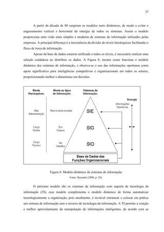 37



       A partir da década de 80 surgiram os modelos mais dinâmicos, de modo a evitar o
engessamento vertical e horizontal da sinergia de todos os sistemas. Assim o modelo
proporciona uma visão mais simples e moderna de sistemas de informação utilizados pelas
empresas. A principal diferença é a inexistência da divisão de níveis hierárquicos facilitando o
fluxo de troca de informação.
       Apesar da base de dados estarem unificada a todos os níveis, é necessário realizar uma
seleção cuidadosa ao distribuir os dados. A Figura 8, mostra como funciona o modelo
dinâmico dos sistemas de informação, e observa-se o uso das informações oportunas como
apoio significativo para inteligências competitivas e organizacionais em todos os setores,
proporcionando melhor o dinamismo em decisões.




                    Figura 8: Modelo dinâmico de sistemas de informação
                                   Fonte: Rezende (2008, p. 28).


       O próximo modelo são os sistemas de informação com suporte de tecnologia da
informação (TI), esse modelo complementa o modelo dinâmico de forma automatizar
tecnologicamente a organização, pois atualmente, é inviável estruturar e colocar em prática
um sistema de informação sem o recurso de tecnologia da informação. A TI permite a criação
e melhor aproveitamento da manipulação de informações inteligentes, de acordo com as
 