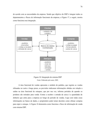 76



de acordo com as necessidades da empresa. Sendo que objetivo do ERP é integrar todos os
departamentos e fluxos de informação funcionais da empresa, a Figura 17, a seguir, mostra
como funciona essa integração.




                           Figura 18: Integração do sistema ERP
                                 Fonte: Elaborado pelo autor, 2009.


       A área funcional de vendas apresenta o módulo de pedidos, que registra as vendas
efetuadas no curto e longo prazo, as previsões indicaram informações obtidas em relação a
saídas na área funcional de estoques, que por sua vez, informa períodos de quando os
produtos são retirados para venda. Contas a receber e entrada de caixa é a quantidade de
dinheiro que entra para a empresa ao longo do período de vendas. Logo com todas essas
informações no banco de dados, o proprietário pode tomar decisões como efetuar compras
para repor o estoque. A Figura 18 demonstra como funciona o fluxo de informação de venda
com sistema ERP.
 
