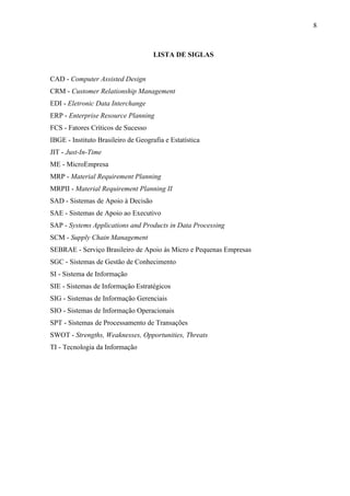 8



                                     LISTA DE SIGLAS


CAD - Computer Assisted Design
CRM - Customer Relationship Management
EDI - Eletronic Data Interchange
ERP - Enterprise Resource Planning
FCS - Fatores Críticos de Sucesso
IBGE - Instituto Brasileiro de Geografia e Estatística
JIT - Just-In-Time
ME - MicroEmpresa
MRP - Material Requirement Planning
MRPII - Material Requirement Planning II
SAD - Sistemas de Apoio à Decisão
SAE - Sistemas de Apoio ao Executivo
SAP - Systems Applications and Products in Data Processing
SCM - Supply Chain Management
SEBRAE - Serviço Brasileiro de Apoio às Micro e Pequenas Empresas
SGC - Sistemas de Gestão de Conhecimento
SI - Sistema de Informação
SIE - Sistemas de Informação Estratégicos
SIG - Sistemas de Informação Gerenciais
SIO - Sistemas de Informação Operacionais
SPT - Sistemas de Processamento de Transações
SWOT - Strengths, Weaknesses, Opportunities, Threats
TI - Tecnologia da Informação
 