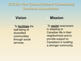    Vision                  Mission

    To facilitate the       To assist newcomers
    well-being of            in adapting to
    diversified              Canadian life in their
    communities              neighborhood and to
    through social           provide support to
    services.                Canadians in building
                             a stronger community.
 