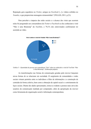 55 
 

Reputação gera seguidores no Twitter, amigos no Facebook [...] e vídeos exibidos no
Youtube, o que proporciona mensagens retransmitidas” (TELLES, 2011, p.21).

        Para perceber o impacto das redes sociais e o alcance dos virais que ocorrem
nelas foi perguntado aos consumidores do Twitter e Facebook se eles conheciam o viral
“Não é uma Brastemp” do YouTube, e 79,1% dos entrevistados confirmaram ter
assistido ao vídeo.




Gráfico 3 – Quantidade de pessoas que responderam “Sim” sobre ter conhecido o viral do YouTube “Não
                               é uma Brastemp”. (Elaboração própria)

        As transformações nas formas de comunicação geradas pela internet lançaram
novas formas de se relacionar em sociedade. O surgimento de comunidades e redes
sociais virtuais permitiu entre os indivíduos o filtro de informações e a construção de
conteúdo de forma coletiva, bem como a obtenção de capital social e o estreitamento de
laços sociais. Diante dos dados apresentados, torna-se evidente a postura mais ativa dos
usuários da comunicação mediada por computador, além da apropriação da internet
como ferramenta de organização social e informação contemporânea.
 