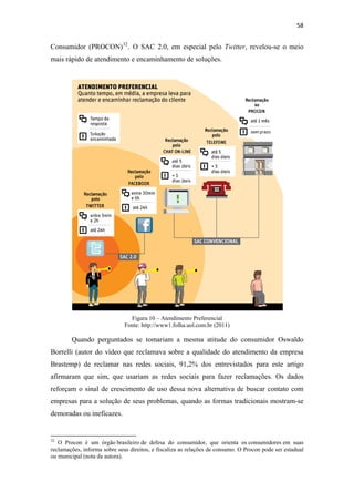 58 
 

Consumidor (PROCON) 32 . O SAC 2.0, em especial pelo Twitter, revelou-se o meio
mais rápido de atendimento e encaminhamento de soluções.




                                                    Figura 10 – Atendimento Preferencial
                                                  Fonte: http://www1.folha.uol.com.br (2011)

              Quando perguntados se tomariam a mesma atitude do consumidor Oswaldo
Borrelli (autor do vídeo que reclamava sobre a qualidade do atendimento da empresa
Brastemp) de reclamar nas redes sociais, 91,2% dos entrevistados para este artigo
afirmaram que sim, que usariam as redes sociais para fazer reclamações. Os dados
reforçam o sinal de crescimento de uso dessa nova alternativa de buscar contato com
empresas para a solução de seus problemas, quando as formas tradicionais mostram-se
demoradas ou ineficazes.


                                                            
32
   O Procon é um órgão brasileiro de defesa do consumidor, que orienta os consumidores em suas
reclamações, informa sobre seus direitos, e fiscaliza as relações de consumo. O Procon pode ser estadual
ou municipal (nota da autora).
 