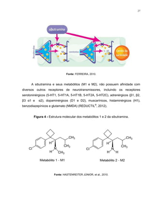 27




                              Fonte: FERREIRA, 2010.



      A sibutramina e seus metabólitos (M1 e M2), não possuem afinidade com
diversos outros receptores de neurotransmissores, incluindo os receptores
serotoninérgicos (5-HT1, 5-HT1A, 5-HT1B, 5-HT2A, 5-HT2C), adrenérgicos (β1, β2,
β3 α1 e    α2), dopaminérgicos (D1 e D2), muscarínicos, histaminérgicos (H1),
benzodiazepínicos e glutamato (NMDA) (REDUCTIL®, 2012).


       Figura 4 - Estrutura molecular dos metabólitos 1 e 2 da sibutramina.




                     Fonte: HASTENREITER JÚNIOR, et al., 2010.
 