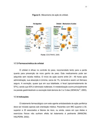 35




                     Figura 6 - Mecanismo de ação do orlistat.




                              Fonte: COUTINHO, 2009.




1.7.3 Farmacocinética do orlistat


      O orlistat é eficaz no controle do peso, recomendado tanto para a perda
quanto para prevenção de novo ganho de peso. Este medicamento pode ser
adquirido sem receita médica. O início da ação ocorre entre 24 - 48 horas após
administração, sua absorção é mínima, cerca de 1%, tornando-o assim um fármaco
seguro. A excreção, quase que em sua totalidade, é fecal (aproximadamente de
97%), sendo que 83% é eliminado inalterado. A metabolização ocorre principalmente
na parede gastrintestinal e a excreção total demora de 3 a 5 dias (XENICAL®, 2005).


1.7.4 Indicações


      O tratamento farmacológico com este agente antiobesidade de ação periférica
deve ser iniciado apenas sob orientação médica. Pacientes com IMC superior a 30,
superior a 25 associados a fatores de risco, ou ainda, casos em que dietas e
exercícios físicos não surtiram efeito tal tratamento é pertinente (MANCINI;
HALPERN, 2002).
 