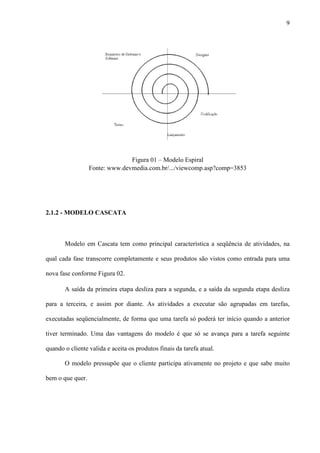 9
Figura 01 – Modelo Espiral
Fonte: www.devmedia.com.br/.../viewcomp.asp?comp=3853
2.1.2 - MODELO CASCATA
Modelo em Cascata tem como principal característica a seqüência de atividades, na
qual cada fase transcorre completamente e seus produtos são vistos como entrada para uma
nova fase conforme Figura 02.
A saída da primeira etapa desliza para a segunda, e a saída da segunda etapa desliza
para a terceira, e assim por diante. As atividades a executar são agrupadas em tarefas,
executadas seqüencialmente, de forma que uma tarefa só poderá ter início quando a anterior
tiver terminado. Uma das vantagens do modelo é que só se avança para a tarefa seguinte
quando o cliente valida e aceita os produtos finais da tarefa atual.
O modelo pressupõe que o cliente participa ativamente no projeto e que sabe muito
bem o que quer.
 
