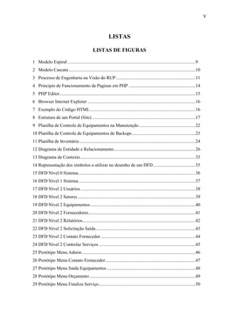 V
LISTAS
LISTAS DE FIGURAS
1 Modelo Espiral ...............................................................................................................9
2 Modelo Cascata ..............................................................................................................10
3 Processo de Engenharia na Visão do RUP.....................................................................11
4 Principio de Funcionamento de Paginas em PHP ..........................................................14
5 PHP Editor......................................................................................................................15
6 Browser Internet Explorer ..............................................................................................16
7 Exemplo do Código HTML............................................................................................16
8 Estrutura de um Portal (Site) ..........................................................................................17
9 Planilha de Controle de Equipamentos na Manutenção .................................................22
10 Planilha de Controle de Equipamentos de Backups.......................................................23
11 Planilha de Inventário.....................................................................................................24
12 Diagrama de Entidade e Relacionamento.......................................................................26
13 Diagrama de Contexto....................................................................................................33
14 Representação dos símbolos a utilizar no desenho de um DFD.....................................35
15 DFD Nível 0 Sistema......................................................................................................36
16 DFD Nível 1 Sistema......................................................................................................37
17 DFD Nível 2 Usuários....................................................................................................38
18 DFD Nível 2 Setores ......................................................................................................39
19 DFD Nível 2 Equipamentos ...........................................................................................40
20 DFD Nível 2 Fornecedores.............................................................................................41
21 DFD Nível 2 Relatórios..................................................................................................42
22 DFD Nível 2 Solicitação Saída.......................................................................................43
23 DFD Nível 2 Contato Fornecedor ..................................................................................44
24 DFD Nível 2 Controlar Serviços ....................................................................................45
25 Protótipo Menu Admin...................................................................................................46
26 Protótipo Menu Contato Fornecedor..............................................................................47
27 Protótipo Menu Saída Equipamentos .............................................................................48
28 Protótipo Menu Orçamento ............................................................................................49
29 Protótipo Menu Finaliza Serviço....................................................................................50
 