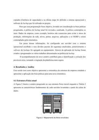 copiados (Gerência de capacidade) e na última etapa foi definido o sistema operacional e
software de backup que foi utilizado no projeto.
Para que essa programação fosse objetiva, levando em consideração as boas práticas
pesquisadas, à política de backup atual foi revisada e analisada. A politica contemplou os
itens: Dados da empresa, como exemplo, horários não comerciais para evitar o stress da
produção, informações da rede, ativos, pastas, arquivos, aplicações e os SGBD a serem
contemplados pela sistemática.
Em posse dessas informações, foi configurado um servidor com o sistema
operacional escolhido e seus devidos pacotes de segurança atualizados, posteriormente o
software de backups foi agregado ao equipamento. Através da aplicação de backup foram
criados e programados os vários trabalhos determinados na política de backup.
O acompanhamento do novo cenário contribuiu para a identificação e correção dos
prováveis erros, tornando a migração da plataforma mais segura.
4. Resultados e Análise
Esta sessão tem como objetivo apresentar a sistemática da estrutura da empresa estudada e
apresentar a aplicação das boas práticas para uma nova sistemática.
4.1 Estrutura Física atual
A Figura 2 ilustra o cenário pesquisado no sua estrutura física inicial enquanto a Tabela 2
apresenta as características fundamentais de cada servidor levantadas a partir da coleta de
dados.
Figura 2 - Mapeamento de Ativos envolvidos
 