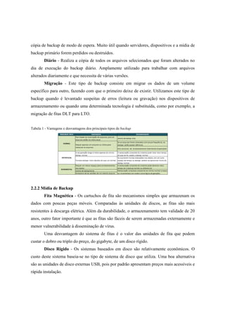 cópia de backup de modo de espera. Muito útil quando servidores, dispositivos e a mídia de
backup primário forem perdidos ou destruídos.
Diário - Realiza a cópia de todos os arquivos selecionados que foram alterados no
dia de execução do backup diário. Amplamente utilizado para trabalhar com arquivos
alterados diariamente e que necessita de várias versões.
Migração - Este tipo de backup consiste em migrar os dados de um volume
específico para outro, fazendo com que o primeiro deixe de existir. Utilizamos este tipo de
backup quando é levantado suspeitas de erros (leitura ou gravação) nos dispositivos de
armazenamento ou quando uma determinada tecnologia é substituída, como por exemplo, a
migração de fitas DLT para LTO.
Tabela 1 - Vantagens e desvantagens dos principais tipos de backup
2.2.2 Mídia de Backup
Fita Magnética - Os cartuchos de fita são mecanismos simples que armazenam os
dados com poucas peças móveis. Comparadas às unidades de discos, as fitas são mais
resistentes à descarga elétrica. Além da durabilidade, o armazenamento tem validade de 20
anos, outro fator importante é que as fitas são fáceis de serem armazenadas externamente e
menor vulnerabilidade à disseminação de vírus.
Uma desvantagem do sistema de fitas é o valor das unidades de fita que podem
custar o dobro ou triplo do preço, do gigabyte, de um disco rígido.
Disco Rígido - Os sistemas baseados em disco são relativamente econômicos. O
custo deste sistema baseia-se no tipo de sistema de disco que utiliza. Uma boa alternativa
são as unidades de disco externas USB, pois por padrão apresentam preços mais acessíveis e
rápida instalação.
 