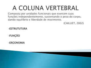 Composta por unidades funcionais que exercem suas
funções independentemente, sustentando o peso do corpo,
dando equilíbrio e liberdade de movimento.
(CAILLIET, 2002)
•ESTRUTUTURA
•FUNÇÃO
•ERGONOMIA
 