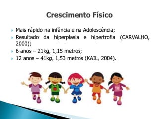  Mais rápido na infância e na Adolescência;
 Resultado da hiperplasia e hipertrofia (CARVALHO,
2000);
 6 anos – 21kg, 1,15 metros;
 12 anos – 41kg, 1,53 metros (KAIL, 2004).
 