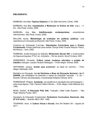 19



BIBLIOGRAFIA:


BARBOSA, Ana Mae. Tópicos Utópicos. 6. Ed. Belo Horizonte: C/Arte, 1998.

BARBOSA, Ana Mae. Inquietações e Mudanças no Ensino de Arte. (org.). – 4.
Ed. - São Paulo: Cortez, 2008.

BARBOSA, Ana          Mae.     Arte/Educação      contemporânea:       consonâncias
internacionais. São Paulo. Cortez, 2006.

BELLONI, Isaura. Metodologia de avaliação em políticas públicas: uma
experiência em educação profissional. São Paulo: Cortez, 2000.

Cadernos de Orientação Curricular. Orientações Curriculares para o Ensino
Fundamental. Versão preliminar para análise. Dança/ Artes Visuais/ Música/ Teatro.
Rio Branco – Acre, 2002.

FERREIRA, Aurélio Buarque de Holanda. Miniaurério Século XXI: o minidicionário
da língua portuguesa. 5ª Ed. rev. Ampliada. – Rio de Janeiro: Nova Fronteira, 2001.

HERNÁNDEZ, Fernando. Cultura visual, mudança educativa e projeto de
trabalho; tradução: Jussara Haubert Rodrigues. – Porto Alegre: Artmed, 2000.

HOFFMANN, Jussara. Avaliar para promover: as setas do caminho. – Porto
Alegre: Mediação, 2001.

Ministério da Educação. Lei de Diretrizes e Base da Educação Nacional - lei nº
9394/96, que estabelece as diretrizes e bases da educação nacional. – 5. ed. –
Brasília: Câmara dos Deputados, Coordenação Edições Câmara, 2010.

PERRENOUD, Philippe. Avaliação: da excelência à regulação das aprendizagens –
entre duas lógicas. Trad. Patrícia Chittoni Ramos. – Porto Alegre: Artes Médicas Sul,
1999.

READ, Herbert. A Educação Pela Arte. Tradução: Valter Lellis Siqueira. - São
Paulo: Martins Fontes, 2001.

Secretaria de Educação Fundamental. Parâmetros Curriculares Nacionais. Arte
(5ª A 8ª série). – Brasília: MEC/ SEF, 1998.

TOURINHO, Irene. In Cultura Visual e Escola. Ano XXI Boletim 09 – Agosto de
2011.
 