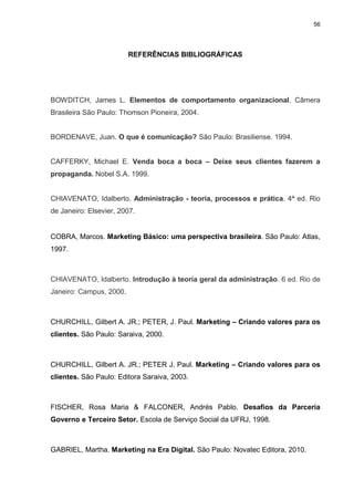 56

REFERÊNCIAS BIBLIOGRÁFICAS

BOWDITCH, James L. Elementos de comportamento organizacional. Câmera
Brasileira São Paulo: Thomson Pioneira, 2004.

BORDENAVE, Juan. O que é comunicação? São Paulo: Brasiliense. 1994.
CAFFERKY, Michael E. Venda boca a boca – Deixe seus clientes fazerem a
propaganda. Nobel S.A. 1999.

CHIAVENATO, Idalberto. Administração - teoria, processos e prática. 4ª ed. Rio
de Janeiro: Elsevier, 2007.

COBRA, Marcos. Marketing Básico: uma perspectiva brasileira. São Paulo: Atlas,
1997.

CHIAVENATO, Idalberto. Introdução à teoria geral da administração. 6 ed. Rio de
Janeiro: Campus, 2000.

CHURCHILL, Gilbert A. JR.; PETER, J. Paul. Marketing – Criando valores para os
clientes. São Paulo: Saraiva, 2000.

CHURCHILL, Gilbert A. JR.; PETER J. Paul. Marketing – Criando valores para os
clientes. São Paulo: Editora Saraiva, 2003.

FISCHER, Rosa Maria & FALCONER, Andrés Pablo. Desafios da Parceria
Governo e Terceiro Setor. Escola de Serviço Social da UFRJ, 1998.

GABRIEL, Martha. Marketing na Era Digital. São Paulo: Novatec Editora, 2010.

 