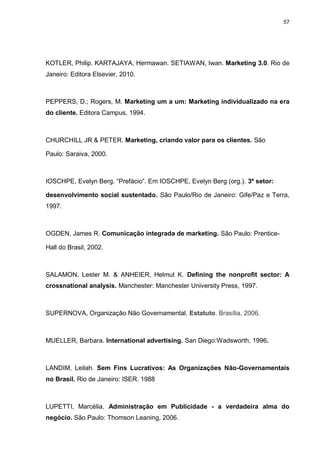 57

KOTLER, Philip. KARTAJAYA, Hermawan. SETIAWAN, Iwan. Marketing 3.0. Rio de
Janeiro: Editora Elsevier, 2010.

PEPPERS, D.; Rogers, M. Marketing um a um: Marketing individualizado na era
do cliente. Editora Campus, 1994.

CHURCHILL JR & PETER. Marketing, criando valor para os clientes. São
Paulo: Saraiva, 2000.

IOSCHPE, Evelyn Berg. “Prefácio”. Em IOSCHPE, Evelyn Berg (org.). 3º setor:
desenvolvimento social sustentado. São Paulo/Rio de Janeiro: Gife/Paz e Terra,
1997.

OGDEN, James R. Comunicação integrada de marketing. São Paulo: PrenticeHall do Brasil, 2002.

SALAMON, Lester M. & ANHEIER, Helmut K. Defining the nonprofit sector: A
crossnational analysis. Manchester: Manchester University Press, 1997.

SUPERNOVA, Organização Não Governamental. Estatuto. Brasília, 2006.

MUELLER, Barbara. International advertising. San Diego:Wadsworth, 1996.

LANDIM, Leilah. Sem Fins Lucrativos: As Organizações Não-Governamentais
no Brasil. Rio de Janeiro: ISER. 1988

LUPETTI, Marcélia. Administração em Publicidade - a verdadeira alma do
negócio. São Paulo: Thomson Leaning, 2006.

 