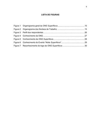 8

LISTA DE FIGURAS

Figura 1

Organograma geral da ONG SuperNova ................................................. 15

Figura 2

Organograma dos Núcleos de Trabalho ................................................. 15

Figura 3

Perfil dos respondentes ........................................................................... 26

Figura 4

Conhecimento da ONG ........................................................................... 27

Figura 5

Conhecimento da ONG SuperNova ......................................................... 28

Figura 6

Conhecimento do Evento “Noite SuperNova” .......................................... 29

Figura 7

Reconhecimento do logo da ONG SuperNova ........................................ 30

 