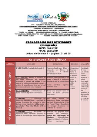 PROINFO INTEGRADO
                                                        NTE – NÚCLEO DE TECNOLOGIA EDUCACIONAL
                                         CURSO TECNOLOGIA NA EDUCAÇÃO: ENSINANDO E APRENDENDO COM AS TICS
                                                         (Tecnologia da Informação e Comunicação)
                                                   SECRETERIA MUNICIPAL DE EDUCAÇÃO – DONA INÊS/PB
                                        TURMA: 100 HORAS.     PROFISSIONAIS CURSISTAS: 1ª e 2ª FASES DO ENS. FUND.
                                   TUTORA/EMAIL: IZABEL CRISTINA COSTA DE ARAÚJO RODRIGUES/ izabel.eproinfo@gmail.com
                                       ID DA TURMA: 19.834.            PERÍODO DO CURSO: 08/04/2011 ATÉ 08/08/2011.




                                                  CRONOGRAMA DAS ATIVIDADES
                                                                (integrado)
                                                              INÍCIO: 16/05/2011
                                                              FINAL: 29/05/2011
                                                  Leitura da Unidade II – páginas: 01 até 05.

                                                       ATIVIDADES Á DISTÂNCIA
   DURAÇÃO
CRONOMETRADA                                        ATIVIDADES                               ESTRATÉGIAS                 RECURSOS      AVALIAÇÃO


                                    1ª ATIVIDADE: Avaliação da Unidade 1            Sua contribuição para debate e       Computador;   A avaliação
                                                                                    discussão     no    Fórum   de       Internet;     do curso
                                                                                    Avaliação      -   1º   Módulo       Portal do     será feita de
   1º SEMANA: 16/05 A 22/05/2011




                                                                                    (atividade individual)               Professor;    forma
                                                                                                                         E-proinfo;    contínua
                                    2ª ATIVIDADE: Partilha e avaliação do           Construir uma Apresentação em        Editor de     presencial e
                                    que foram produzidas nos encontros              slides e postá-la na biblioteca      texto;        online,
                                    presenciais e virtuais da unidade 1, em         (equipe de dois ou três cursistas)   Editor de     observando
                                    especial as mídias presente na sua escola e o                                        slide;        a interação,
                                    projeto de aprendizagem (vão por e-mail         Tema:     atividade     especial;    CD;           participação,
                                    dois modelos de slide como exemplo).            Subtema: slide.                      Textos;       colaboração,
                                                                                                                         Vídeos.       realização
                                    3ª ATIVIDADE: Contextualização do               Postar este pequeno texto no                       das
                                    Tema: Internet, Hipertexto e Hipermídia.        diário de bordo (atividade                         atividades, o
                                                                                    individual)                                        desempenho
                                                                                                                                       individual
                                    ATIVIDADE 2.1 - Navegação em                    Em      dupla   navegar    em                      ou em grupo
                                    hipertexto, discussão sobre a experiência de    hipertextos. Postar conclusões                     do cursista.
                                    navegar livremente. Ler e analisar o texto:     da dupla da experiência vivida
                                    Leituras sobre hipertexto: trilhas para o       no Fórum: Tema- Experiência
                                    pesquisador- Ana Elisa Ribeiro (CD ou           de navegar livremente no
                                    internet)                                       ambiente do e-proinfo.

                                    ATIVIDADE 2.2 - Navegando em                    Elaborar um pequeno texto
                                    hipertexto sobre hipertexto. Navegar na         relatando suas impressões.
                                    página da Wikipédia que trata de hipertexto.    Postar sua contribuição na
                                                                                    Biblioteca    Material/Aluno.
                                                                                    Tema: Atividade 2.2. Subtema:
                                                                                    Coisas     importantes      e
 