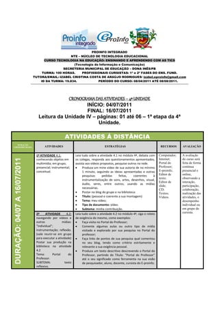 PROINFO INTEGRADO
                                                   NTE – NÚCLEO DE TECNOLOGIA EDUCACIONAL
                                    CURSO TECNOLOGIA NA EDUCAÇÃO: ENSINANDO E APRENDENDO COM AS TICS
                                                    (Tecnologia da Informação e Comunicação)
                                              SECRETERIA MUNICIPAL DE EDUCAÇÃO – DONA INÊS/PB
                                   TURMA: 100 HORAS.     PROFISSIONAIS CURSISTAS: 1ª e 2ª FASES DO ENS. FUND.
                              TUTORA/EMAIL: IZABEL CRISTINA COSTA DE ARAÚJO RODRIGUES/ izabel.eproinfo@gmail.com
                                  ID DA TURMA: 19.834.            PERÍODO DO CURSO: 08/04/2011 ATÉ 08/08/2011.




                                             CRONOGRAMA DAS ATIVIDADES – 4ª UNIDADE
                                                     INÍCIO: 04/07/2011
                                                     FINAL: 16/07/2011
                                 Leitura da Unidade IV – páginas: 01 até 06 – 1ª etapa da 4ª
                                                          Unidade.

                                                    ATIVIDADES Á DISTÂNCIA
   DURAÇÃO
CRONOMETRADA                         ATIVIDADES                                   ESTRATÉGIAS                               RECURSOS     AVALIAÇÃO


                               1ª ATIVIDADE 4.1:             Leia tudo sobre a atividade 4.1 no módulo 4ª, debata com      Computador;   A avaliação
DURAÇÃO: 04/07 A 16/07/2011




                               conhecendo objetos em         os colegas, responda aos questionamentos apresentados,        Internet;     do curso será
                               multimídia; em grupo;         assista aos vídeos propostos, pesquise outros na rede.        Portal do     feita de forma
                               presencial; instrumental;         Produza um mine vídeo de sua autoria de no mínimo        Professor;    contínua
                               conceitual.                        1 minuto, seguindo as ideias apresentadas e outras       E-proinfo;    presencial e
                                                                  pesquisas      pedidas      feitas,   coerentes      à   Editor de     online,
                                                                                                                           texto;        observando a
                                                                  instrumentalização de sons, artes, desenhos, visual,
                                                                                                                           Editor de     interação,
                                                                  áudio, seres, entre outros; usando as mídias
                                                                                                                           slide;        participação,
                                                                  necessárias.                                             CD;           colaboração,
                                                                 Postar no blog do grupo e na biblioteca:                 Textos;       realização das
                                                                 Título: (pessoal e coerente a sua montagem)              Vídeos.       atividades, o
                                                                 Tema: meu vídeo;                                                       desempenho
                                                                 Tipo de documento: vídeo.                                              individual ou
                                                                 Subtema: minha contribuição.                                           em grupo do
                               2ª     ATIVIDADE       4.2:   Leia tudo sobre a atividade 4.2 no módulo 4ª, siga o roteio                 cursista.
                               navegando por vídeos e        de exigência do mesmo, como exemplos:
                               outras             mídias:        Faça visita no Portal do Professor;
                               “individual”;                     Comente algumas aulas ou outro tipo de mídia
                               instrumentação; reflexão.          visitado e explorado por sua pesquisa no Portal do
                               (vale reunir-se em grupo           professor;
                               para executar a atividade)        Faça links de pontos de sua pesquisa qual comentou
                               Postar sua produção na             no seu blog, tendo como critério estritamente e
                               biblioteca na atividade            relevante a sua exigência pessoal.
                               4.2                               Produza um texto descritivo descrevendo o Portal do
                               Tema:       Portal      do         Professor, partindo do Título: “Portal do Professor”
                               Professor.                         até o seu significado como ferramenta na sua visão
                               SUBTEMA:             texto         de pesquisador, aluno, docente, cursista do E-proinfo.
                               reflexivo.
 