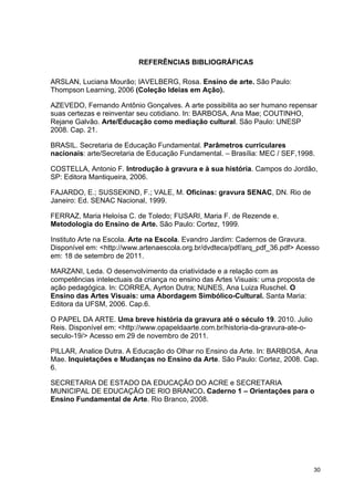 REFERÊNCIAS BIBLIOGRÁFICAS

ARSLAN, Luciana Mourão; IAVELBERG, Rosa. Ensino de arte. São Paulo:
Thompson Learning, 2006 (Coleção Ideias em Ação).

AZEVEDO, Fernando Antônio Gonçalves. A arte possibilita ao ser humano repensar
suas certezas e reinventar seu cotidiano. In: BARBOSA, Ana Mae; COUTINHO,
Rejane Galvão. Arte/Educação como mediação cultural. São Paulo: UNESP
2008. Cap. 21.

BRASIL. Secretaria de Educação Fundamental. Parâmetros curriculares
nacionais: arte/Secretaria de Educação Fundamental. – Brasília: MEC / SEF,1998.

COSTELLA, Antonio F. Introdução à gravura e à sua história. Campos do Jordão,
SP: Editora Mantiqueira, 2006.

FAJARDO, E.; SUSSEKIND, F.; VALE, M. Oficinas: gravura SENAC, DN. Rio de
Janeiro: Ed. SENAC Nacional, 1999.

FERRAZ, Maria Heloísa C. de Toledo; FUSARI, Maria F. de Rezende e.
Metodologia do Ensino de Arte. São Paulo: Cortez, 1999.

Instituto Arte na Escola. Arte na Escola. Evandro Jardim: Cadernos de Gravura.
Disponível em: <http://www.artenaescola.org.br/dvdteca/pdf/arq_pdf_36.pdf> Acesso
em: 18 de setembro de 2011.

MARZANI, Leda. O desenvolvimento da criatividade e a relação com as
competências intelectuais da criança no ensino das Artes Visuais: uma proposta de
ação pedagógica. In: CORREA, Ayrton Dutra; NUNES, Ana Luiza Ruschel. O
Ensino das Artes Visuais: uma Abordagem Simbólico-Cultural. Santa Maria:
Editora da UFSM, 2006. Cap.6.

O PAPEL DA ARTE. Uma breve história da gravura até o século 19. 2010. Julio
Reis. Disponível em: <http://www.opapeldaarte.com.br/historia-da-gravura-ate-o-
seculo-19/> Acesso em 29 de novembro de 2011.

PILLAR, Analice Dutra. A Educação do Olhar no Ensino da Arte. In: BARBOSA, Ana
Mae. Inquietações e Mudanças no Ensino da Arte. São Paulo: Cortez, 2008. Cap.
6.

SECRETARIA DE ESTADO DA EDUCAÇÃO DO ACRE e SECRETARIA
MUNICIPAL DE EDUCAÇÃO DE RIO BRANCO. Caderno 1 – Orientações para o
Ensino Fundamental de Arte. Rio Branco, 2008.


      	
  




                                                                                  30
 