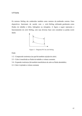 17
1.5 Teoria
Os motores Stirling são conhecidos também como motores de combustão externa. Estes
dispositivos funcionam de acordo com o ciclo Stirling, utilizando geralmente como
fluidos de trabalho o hélio, hidrogênio ou nitrogênio. A figura a seguir representa o
funcionamento do ciclo Stirling, com suas diversas fases sem considerar as perdas (ciclo
ideal).
Figura 11 – Diagrama PxV do ciclo Stirling
Onde:
1-2 - Compressão isotérmica (na qual há também rejeição de calor).
2-3 - Calor é transferido ao fluido de trabalho a volume constante.
3-4 - Expansão isotérmica (há também transferência de calor ao fluido detrabalho).
4.1- Calor é rejeitado a volume constante
 