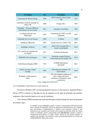 20
Tecnologia Ano Tecnologia Ano
Sensorama de Morton Heilig 1950
SEGA anuncia novos óculos
VR
1993
O primeiro monitor montado na
cabeça VR
1960 O Sega VR-1 1994
Headsight – Primeiro HMD de
rastreamento de movimento
1961 Nintendo Virtual Boy 1995
A exibição final de Ivan
Sutherland
1965
Tratamento de TEPT com RV
Landmark
1997
Simulador de Voo de Furness 1966 A Matriz 1999
Espada de Dâmocles 1968 Google traz-nos o Street View 2007
Realidade Artificial 1969
Street View se torna 3D e o
óculos é prototipado
2010
GE constrói um simulador de
voo digital
1972 O Oculos Kickstarter 2012
VIDEOPLACE de Krueger 1975
Facebook compra Óculos e
Sony anunciou seu projeto VR
2014
O McDonnel-Douglas HMD 1979
O HMD Half-dome é
anunciado
2018
Furness inventa o Super
Cockpit
1986
VR autônomo aumenta, VR
móvel morre
2018
Realidade virtual nasceu o
nome
1987
VR está mudando rapidamente
com o avanço de novos
conceitos e ferramentas como
o metaverso
2022
Fonte: Adaptado de VRS (2019)
3.2.2 Realidade virtual imersiva e não imersiva
Os autores dividem a RV em dois parâmetros imersiva e não imersiva. Segundo Pinho e
Kirner (1997) a imersiva é baseada no uso de capacete ou de salas de projeção nas paredes,
enquanto a não imersiva baseia-se no uso de monitores.
Tori e Kirner (2006) mostram que essa classificação se dá em função do senso de presença
do usuário, logo:
A realidade virtual é imersiva, quando o usuário é transportado predominantemente
para o domínio da aplicação, através de dispositivos multissensoriais, que capturam
seus movimentos e comportamento e reagem a eles (capacete, caverna e seus
dispositivos, por exemplo), provocando uma sensação de presença dentro do mundo
virtual. A realidade virtual é categorizada como não-imersiva, quando o usuário é
transportado parcialmente ao mundo virtual, através de uma janela (monitor ou
projeção, por exemplo), mas continua a sentir-se predominantemente no mundo real.
(TORI; KIRNER, 2006, grifo nosso)
 