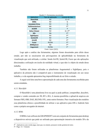 31
Quadro 5 - Ferramentas encontradas
Aplicativo Tipo de aplicação Licença de Uso
Sketchfab RV G + P
BIMx RV G
Autodesk Drive RV G
AUGmentecture RA P*
AUGIN RA P
Dalux Viewer RV G + P*
XR+ RA P*
SightSpace RV P*
SentioVR RV P*
IirisVR RV P*
Fuzor RV/RA P*
BIMXplorer RV P*
Augument RV/RA P*
Fonte: Autor (2022)
Logo após a análise das ferramentas, algumas foram descartadas para efeito desse
estudo, por não se encaixarem nós pré-requisitos de aplicabilidade na ferramenta de
visualização que será utilizada, o celular. Sendo IrisVR, SentioVR, Fuzor que são aplicações
direcionadas a utilização em óculos de realidade virtual, o que não é o objeto de estudo desse
trabalho.
Também não foram utilizadas as plataformas Augumented e SightSpace, pois o
aplicativo da primeira não é compatível para o instrumento de visualização em uso nesse
trabalho, e o da segunda apresentou bug impossibilitando de ser feito o estudo.
A seguir será feito uma breve apresentação de cada uma das ferramentas escolhidas para
serem estudadas.
4.3.1 Sketchfab
O Sketchfab é uma plataforma livre na qual se pode publicar, compartilhar, descobrir,
comprar e vender conteúdo em 3D, RV e RA. A mesma possibilita o upload de arquivos em
formato FBX, OBJ, DAE, BLEND, STL, entre outros formatos. Para visualização dos modelos
essa plataforma oferece a possibilidade de utilizar o seu aplicativo para iOS e Android, bem
como o próprio navegador da internet.
4.3.2 BIMx
O BIMx é um software da GRAPHISOFT com um conjunto de ferramentas para desktop
e dispositivos móveis que pode ser utilizado para apresentação interativa do modelo 3D e da
P*
- Aplicativos com versão paga, mais que, no entanto, possuem versão gratuita de testes.
P = Pago / G = Gratuito
 