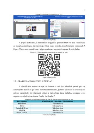 44
Figura 21 - Publicação do modelo no XR+.
Fonte: Autor (2022).
A própria plataforma já disponibiliza a opção de gerar um QR Code para visualização
do modelo, portanto essa é a maneira escolhida para a inserção dessa ferramenta no manual. A
Figura 22 apresenta o modelo do código gerado para o projeto de estudo desse trabalho.
Figura 22 - QR-Code para visualização do modelo no XR+.
Fonte: Autor (2022).
5.3 CLASSIFICAÇÃO QUANTO A IMERSÃO
A classificação quanto ao tipo de imersão é um dos primeiros passos para se
compreender melhor de que forma trabalha as ferramentas, portanto utilizando os conceitos dos
autores supracitados no referencial teórico e metodologia desse trabalho, conseguiu-se os
seguintes resultados descritos no Quadro 6 e Quadro 7.
Quadro 6 - Classificação quanto ao tipo de imersão para ferramentas de RV.
Ferramenta Classificação: Imersiva / Não imersiva
Sketchfab Não imersiva
BIMx Não imersiva
Autodesk Drive Não imersiva
AUGIN Não imersiva
Dalux Viewer Não imersiva
Fonte: Autor (2022).
 