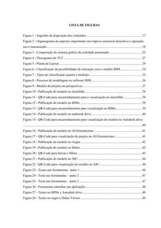 LISTA DE FIGURAS
Figura 1 - Sugestão de disposição dos conteúdos ....................................................................17
Figura 2 - Organograma de aspectos importantes nos tópicos memorial descritivo e operação,
uso e manutenção......................................................................................................................18
Figura 3 - Composição do sistema gráfico da realidade aumentada ........................................22
Figura 4 - Fluxograma do TCC ................................................................................................27
Figura 5 - Planta de Layout ......................................................................................................29
Figura 6 - Classificação de possibilidades de interação com o modelo BIM...........................34
Figura 7 - Tipos de classificação quanto a medição.................................................................35
Figura 8 - Processo de modelagem no software BIM ..............................................................36
Figura 9 - Modelo do projeto em perspectivas.........................................................................37
Figura 10 - Publicação do modelo no sketchfab.......................................................................38
Figura 11 - QR-Code para encaminhamento para a visualização no sketchfab .......................38
Figura 12 - Publicação do modelo no BIMx ............................................................................39
Figura 13 - QR-Code para encaminhamento para visualização no BIMx................................39
Figura 14 - Publicação do modelo no audotesk drive ..............................................................40
Figura 15 - QR-Code para encaminhamento para visualização do modelo no Autodesk drive
..................................................................................................................................................40
Figura 16 - Publicação do modelo no AUGmentecture ...........................................................41
Figura 17 - QR-Code para visualização do projeto no AUGmentecture..................................41
Figura 18 - Publicação do modelo no Augin............................................................................42
Figura 19 - Publicação do modelo no Dalux............................................................................43
Figura 20 - QR-Code para baixar o Dalux ...............................................................................43
Figura 21 - Publicação do modelo no XR+..............................................................................44
Figura 22 - QR-Code para visualização do modelo no XR+....................................................44
Figura 23 - Testes nas ferramentas– parte 1.............................................................................46
Figura 24 - Teste nas ferramentas – parte 2 .............................................................................47
Figura 25 - Teste nas ferramentas – parte 3 .............................................................................47
Figura 26 - Ferramenta caminhar nas aplicações .....................................................................48
Figura 27 - Testes no BIMx e Autodesk drive .........................................................................49
Figura 28 - Testes no augin e Dalux Viewer............................................................................49
 