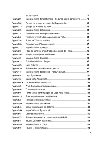 sobre o canal.................................................................................................................. 77
Figura 29- Mapa da Trilha da Castanheira - Segundo trajeto com desvio.............. 78
Figura 30- Escada de acesso ao centro de Revegetação............................................... 80
Figura 31 - Igarapé da Mariana no PEUt .................................................................................. 81
Figura 32 - Mapa da Trilha da Mariana...................................................................................... 82
Figura 33- Predominância da vegetação na trilha............................................................... 83
Figura 34- Resíduos encontrados no percurso na Trilha................................................. 83
Figura 35- Aclive na Trilha da Mariana..................................................................................... 87
Figura 36 - Bacurizeiro ou (Platonia insignis) ......................................................................... 87
Figura 37- Mapa da Trilha do Bacuri.......................................................................................... 88
Figura 38 - Poço de concreto encontrado no percurso da Trilha .................................. 90
Figura 39 - Acapú (Vouacapoua americana) .......................................................................... 91
Figura 40- Mapa da Trilha do Acapú.......................................................................................... 92
Figura 41- Entrada da trilha do Acapú ...................................................................................... 95
Figura 42 - Lago Bolonha ................................................................................................................. 95
Figura 43 - Trilha do Bolonha - Primeira trajetória................................................................ 96
Figura 44 - Mapa da Trilha do Bolonha - Percurso atual................................................... 97
Figura 45- Lago Água Preta........................................................................................................... 100
Figura 46 - Mapa Trilha Água Preta ............................................................................................ 101
Figuras 47 - Espécies florísticas do PEUt................................................................................... 102
Figura 48- Área desmatada em recuperação........................................................................ 103
Figura 49- Conservação do solo.................................................................................................. 104
Figura 50- Ponto para a contemplação do Lago Água Preta......................................... 105
Figura 51 - Área alagada no percurso da trilha...................................................................... 103
Figura 52- Paxiúba (Socrateaexorrhiza) .................................................................................. 106
Figura 53 - Mapa da Trilha da Paxiúba...................................................................................... 107
Figura 54 - Canal de drenagem do Bolonha............................................................................ 108
Figura 55 - Mapa Trilha na Água/canal...................................................................................... 109
Figura 56- Descida no paredão.................................................................................................... 110
Figura 57- Trilha na Água com acompanhamento do BPA............................................. 111
Figura 58- Tauarí (Couratari guianensis)................................................................................. 111
Figura 59 - Mapa da Trilha do Tauarí ......................................................................................... 112
Figura 60 - Faveira (Parkiamultijuga).......................................................................................... 113
10
 