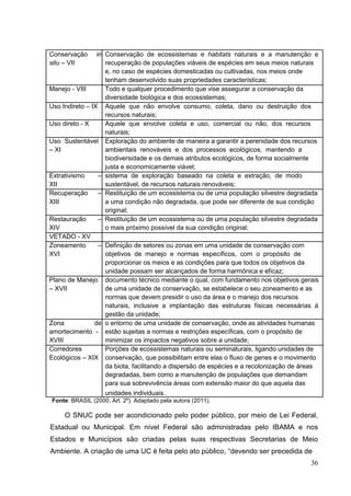 Conservação in Conservação de ecossistemas e habitats naturais e a manutenção e
situ – VII recuperação de populações viáveis de espécies em seus meios naturais
e, no caso de espécies domesticadas ou cultivadas, nos meios onde
tenham desenvolvido suas propriedades características;
Manejo - VIII Todo e qualquer procedimento que vise assegurar a conservação da
diversidade biológica e dos ecossistemas;
Uso Indireto – IX Aquele que não envolve consumo, coleta, dano ou destruição dos
recursos naturais;
Uso direto - X Aquele que envolve coleta e uso, comercial ou não, dos recursos
naturais;
Uso Sustentável Exploração do ambiente de maneira a garantir a perenidade dos recursos
– XI ambientais renováveis e dos processos ecológicos, mantendo a
biodiversidade e os demais atributos ecológicos, de forma socialmente
justa e economicamente viável;
Extrativismo – sistema de exploração baseado na coleta e extração, de modo
XII sustentável, de recursos naturais renováveis;
Recuperação – Restituição de um ecossistema ou de uma população silvestre degradada
XIII a uma condição não degradada, que pode ser diferente de sua condição
original;
Restauração – Restituição de um ecossistema ou de uma população silvestre degradada
XIV o mais próximo possível da sua condição original;
VETADO - XV
Zoneamento – Definição de setores ou zonas em uma unidade de conservação com
XVI objetivos de manejo e normas específicos, com o propósito de
proporcionar os meios e as condições para que todos os objetivos da
unidade possam ser alcançados de forma harmônica e eficaz;
Plano de Manejo documento técnico mediante o qual, com fundamento nos objetivos gerais
– XVII de uma unidade de conservação, se estabelece o seu zoneamento e as
normas que devem presidir o uso da área e o manejo dos recursos
naturais, inclusive a implantação das estruturas físicas necessárias à
gestão da unidade;
Zona de o entorno de uma unidade de conservação, onde as atividades humanas
amortecimento - estão sujeitas a normas e restrições específicas, com o propósito de
XVIII minimizar os impactos negativos sobre a unidade;
Corredores Porções de ecossistemas naturais ou seminaturais, ligando unidades de
Ecológicos – XIX conservação, que possibilitam entre elas o fluxo de genes e o movimento
da biota, facilitando a dispersão de espécies e a recolonização de áreas
degradadas, bem como a manutenção de populações que demandam
para sua sobrevivência áreas com extensão maior do que aquela das
unidades individuais.
Fonte: BRASIL (2000, Art. 2º). Adaptado pela autora (2011).
O SNUC pode ser acondicionado pelo poder público, por meio de Lei Federal,
Estadual ou Municipal. Em nível Federal são administradas pelo IBAMA e nos
Estados e Municípios são criadas pelas suas respectivas Secretarias de Meio
Ambiente. A criação de uma UC é feita pelo ato público, “devendo ser precedida de
36
 