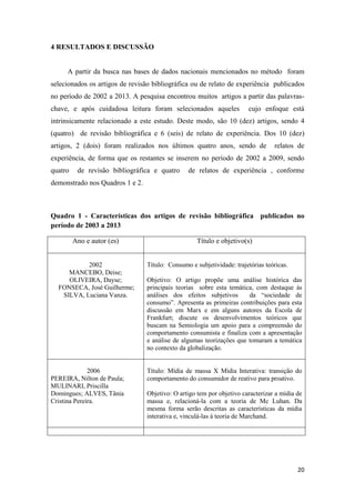 20
4 RESULTADOS E DISCUSSÃO
A partir da busca nas bases de dados nacionais mencionados no método foram
selecionados os artigos de revisão bibliográfica ou de relato de experiência publicados
no período de 2002 a 2013. A pesquisa encontrou muitos artigos a partir das palavras-
chave, e após cuidadosa leitura foram selecionados aqueles cujo enfoque está
intrinsicamente relacionado a este estudo. Deste modo, são 10 (dez) artigos, sendo 4
(quatro) de revisão bibliográfica e 6 (seis) de relato de experiência. Dos 10 (dez)
artigos, 2 (dois) foram realizados nos últimos quatro anos, sendo de relatos de
experiência, de forma que os restantes se inserem no período de 2002 a 2009, sendo
quatro de revisão bibliográfica e quatro de relatos de experiência , conforme
demonstrado nos Quadros 1 e 2.
Quadro 1 - Características dos artigos de revisão bibliográfica publicados no
período de 2003 a 2013
Ano e autor (es) Título e objetivo(s)
2002
MANCEBO, Deise;
OLIVEIRA, Dayse;
FONSECA, José Guilherme;
SILVA, Luciana Vanza.
Título: Consumo e subjetividade: trajetórias teóricas.
Objetivo: O artigo propõe uma análise histórica das
principais teorias sobre esta temática, com destaque às
análises dos efeitos subjetivos da “sociedade de
consumo”. Apresenta as primeiras contribuições para esta
discussão em Marx e em alguns autores da Escola de
Frankfurt; discute os desenvolvimentos teóricos que
buscam na Semiologia um apoio para a compreensão do
comportamento consumista e finaliza com a apresentação
e análise de algumas teorizações que tomaram a temática
no contexto da globalização.
2006
PEREIRA, Nilton de Paula;
MULINARI, Priscilla
Domingues; ALVES, Tânia
Cristina Pereira.
Título: Mídia de massa X Mídia Interativa: transição do
comportamento do consumidor de reativo para proativo.
Objetivo: O artigo tem por objetivo caracterizar a mídia de
massa e, relacioná-la com a teoria de Mc Luhan. Da
mesma forma serão descritas as características da mídia
interativa e, vinculá-las á teoria de Marchand.
 